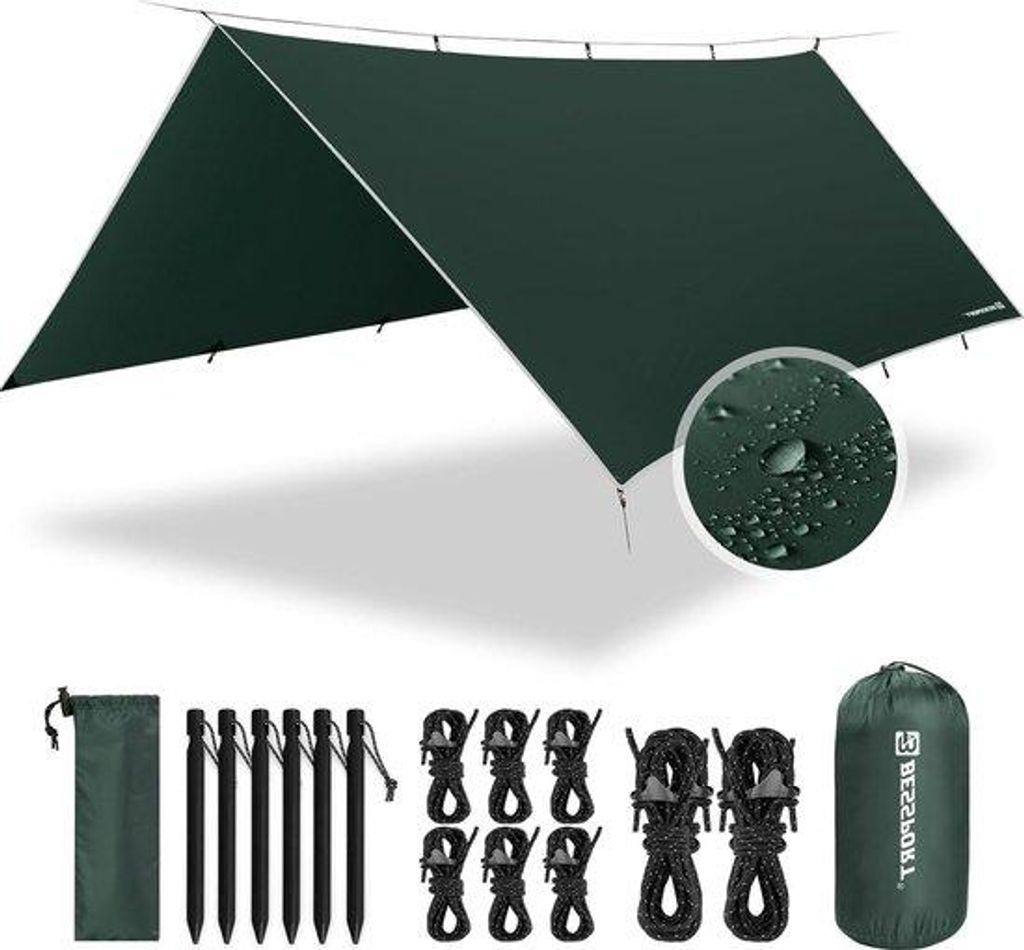 Wasserfestes Zelttuch 3 m x 4 m Polyurethan3000 mm - Tarp mit Augen und 6 Aluminiumstangen - Ideal für Camping und Hängematte - Wasserfestes Zelt...