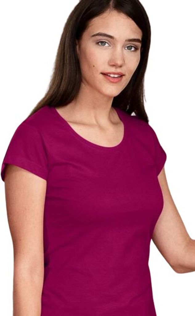 Eng anliegendes Damen-T-Shirt mit tiefem Ausschnitt, 100% Baumwolle, unbedruckt, einfarbig, 180g/m2, Farbe fuchsie, Größe M
