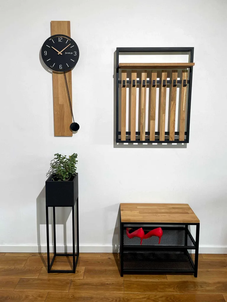 Armoire à chaussures bois chêne avec banc rembourré et cadre en métal