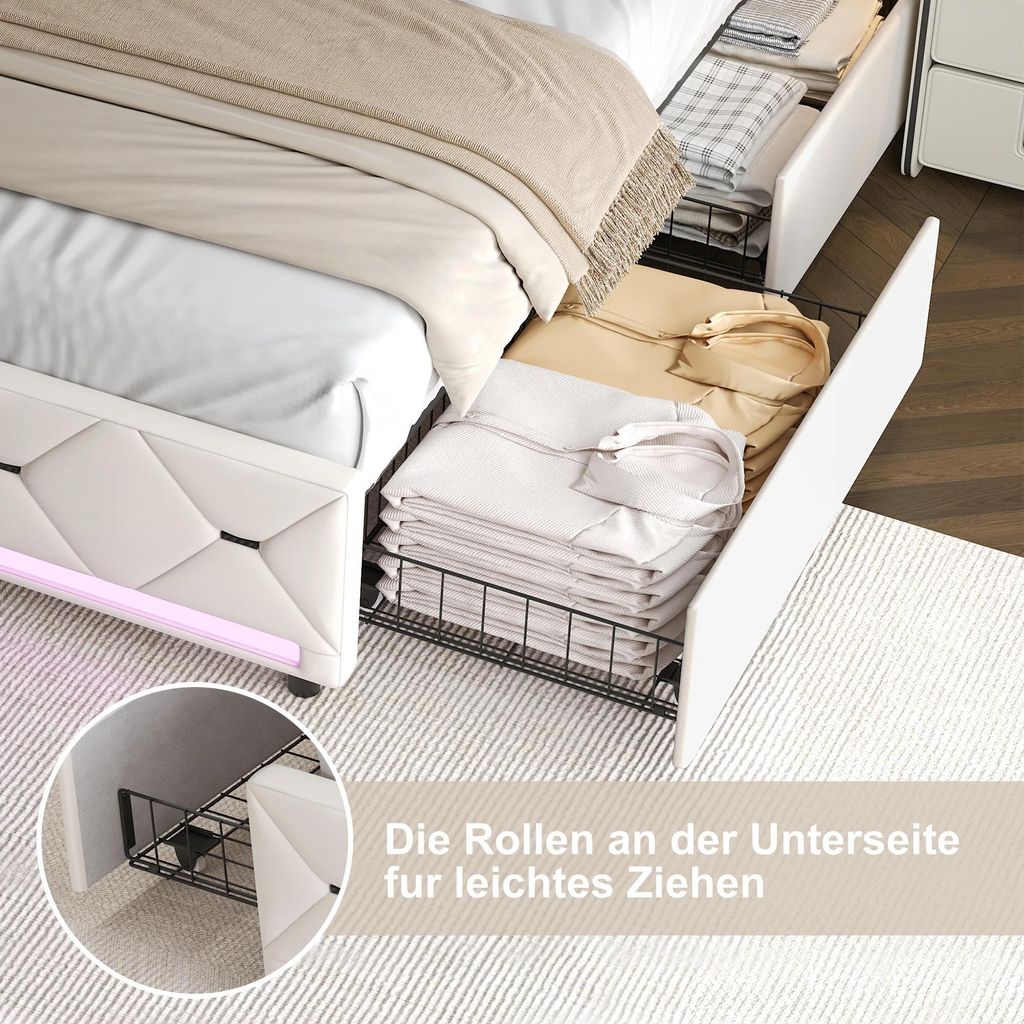 Polsterbett mit Stauraum - Doppelbettgestell 140×190 cm - Samtbezogen - 4 Schubladen - USB-Ladefunktion - LED-Kopfteil - Metallrahmen