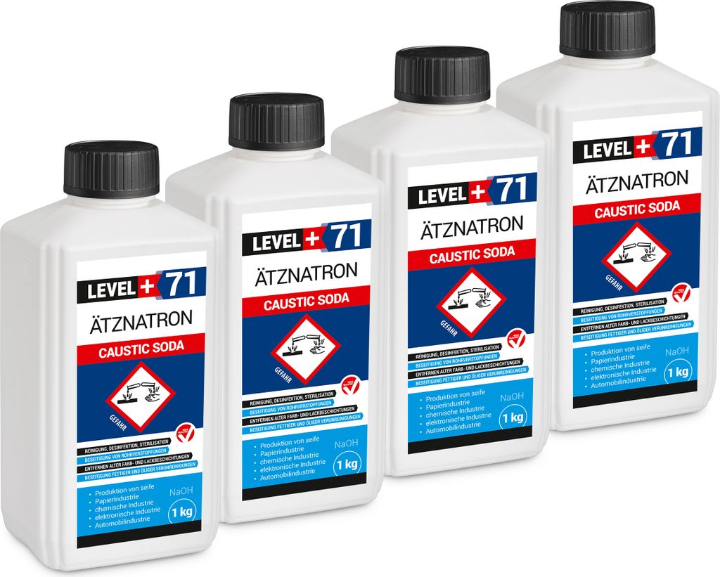 Kaustisches Soda 4St. FLASCHE 1kg NaOH, Natriumhydroxid Ätznatron, RM71