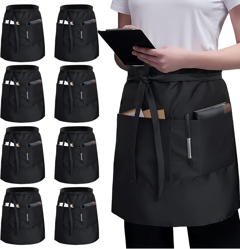 Schwarze Schürzen, 8 Stück, 55 x 86 cm, Halbschürzen mit 3 Taschen, kurze Länge, für Café, Restaurant, Küche, Bar, Kellner, Bäcker
