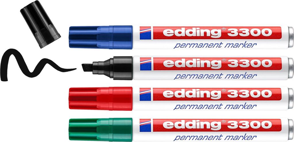 Edding 3300, Schwarz, Blau, Grün, Rot, Meißel, Schwarz, Produktbild 