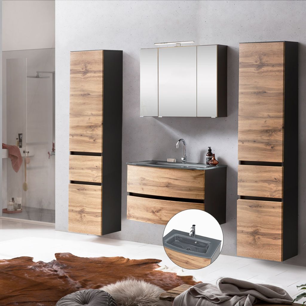 Badmöbel 4-tlg. Set LAURIA-03 in Graphitgrau mit Wotaneiche Nb., inkl. Beleuchtung und Glasbecken grau, BxHxT: ca. 200x200x49 cm