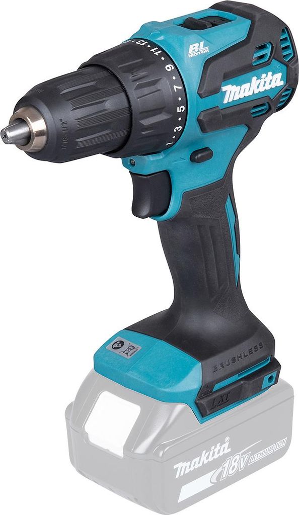 A cordless drill with a battery pack attached, shown against a white background.