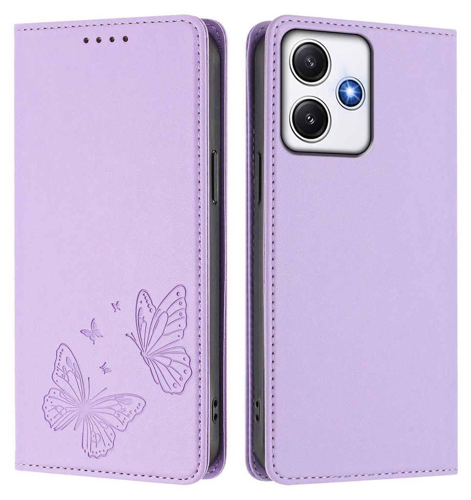 Lederhülle für Xiaomi Poco M6 Pro 5G/Redmi 12 4G/5G, Schmetterling Prägung Leder Brieftasche Schutzhülle mit Ständer Violett