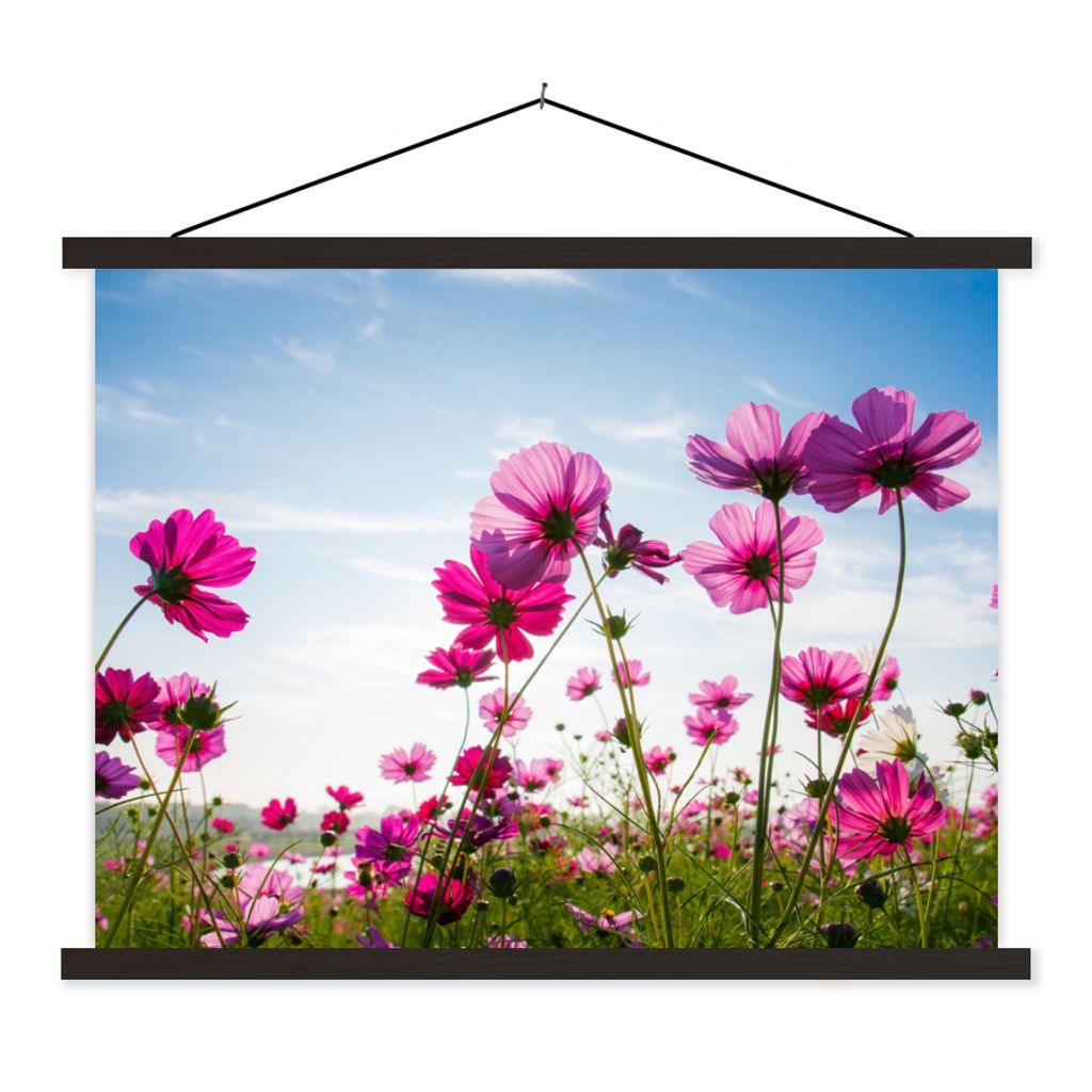 MuchoWow Textilposter Blumen - Rosa - Cosmea 150x113 cm mit holzfarbenen Rahmen - Poster