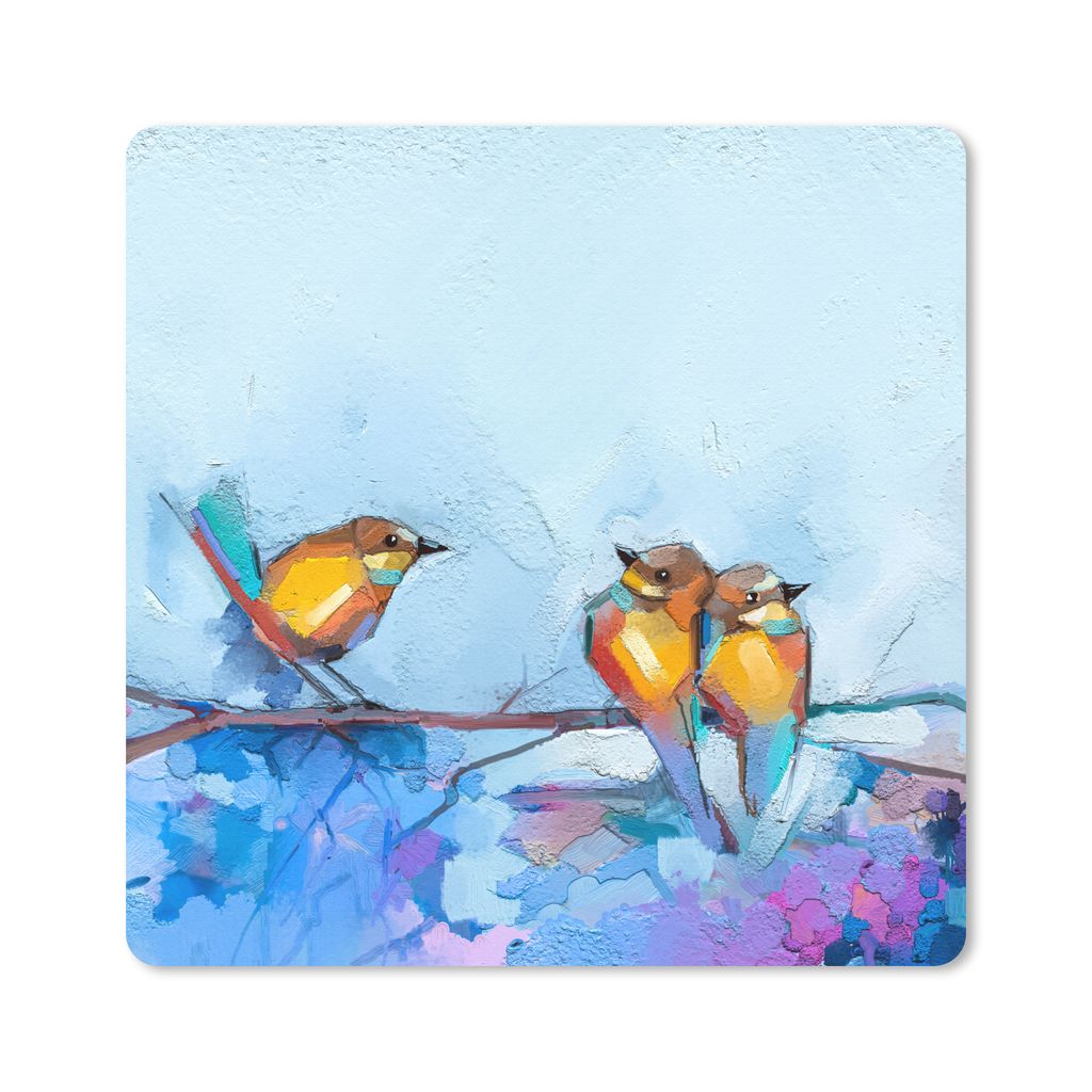 MuchoWow Mauspad Mousepad Gemälde - Ölfarbe - Vogel - Zweig 20x20 cm - Mousepads - Maus Mat - Pad - Mausunterlage - Desk Mat - Bureauartikeln