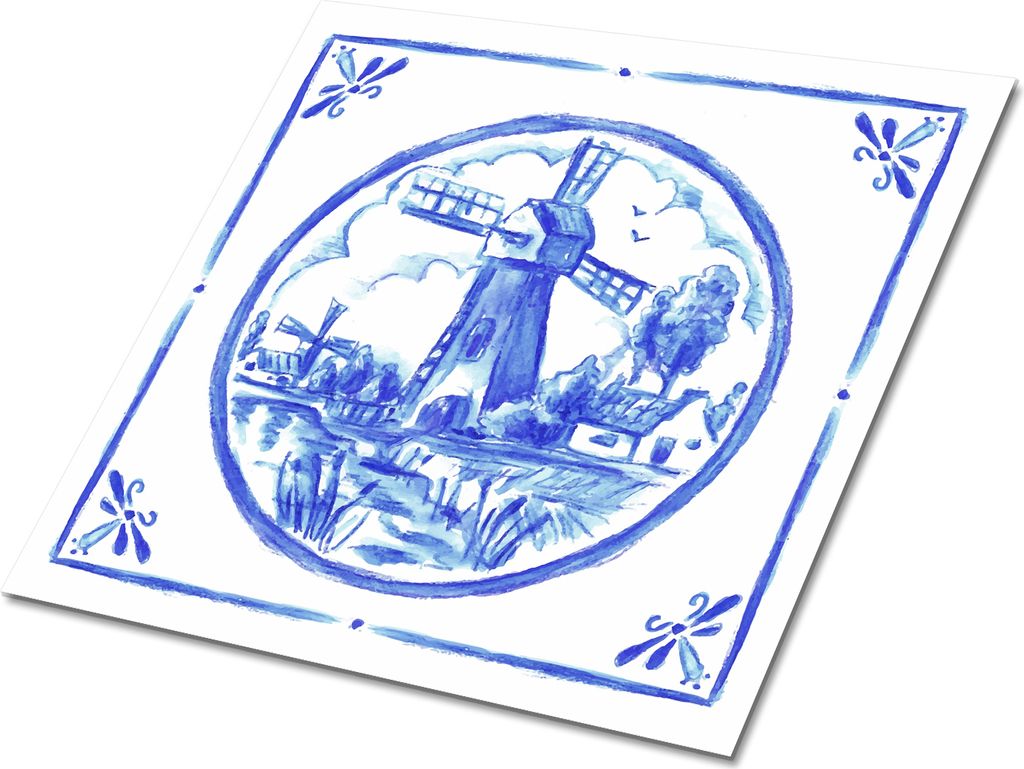 Selbstklebende Platten 30x30 cm Wandpaneele 9 Stück im Set Wanddeko - Azulejos-Stil Windmühle