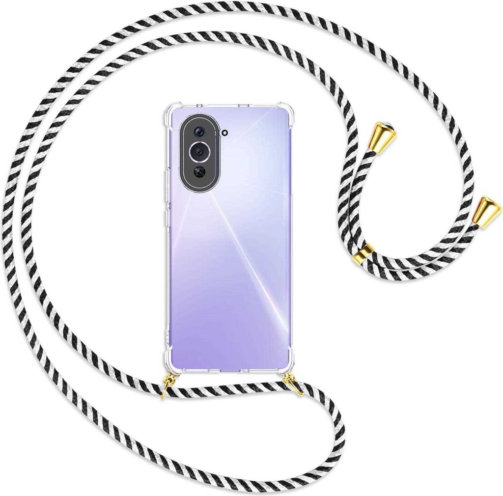 Handykette Backcover-Schutzhülle mit Band (Metall goldfarben) für Huawei nova 10 (NCO-AL00, 6.67'') - schwarz/weiß gestreift