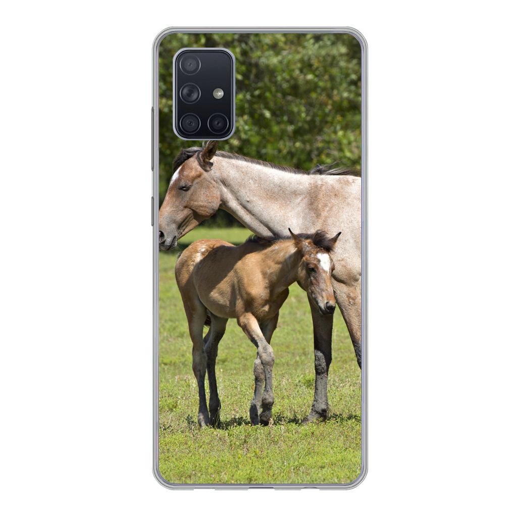 MuchoWow Handyhülle Schutzhülle Hülle für Samsung Galaxy A71 Pferde - Gras - Schatten Silikon Softcase Handy Hülle - Kartenbesitzer