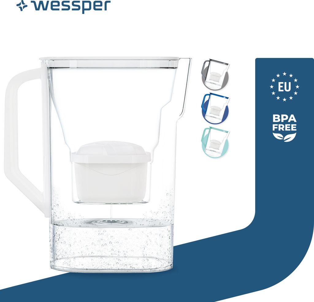 Wessper Kühlschrank-Wasserfilterkanne D3 Slim AquaMax 2,7 L WeiB + 1 Filter – kompatibel mit Brita Maxtra