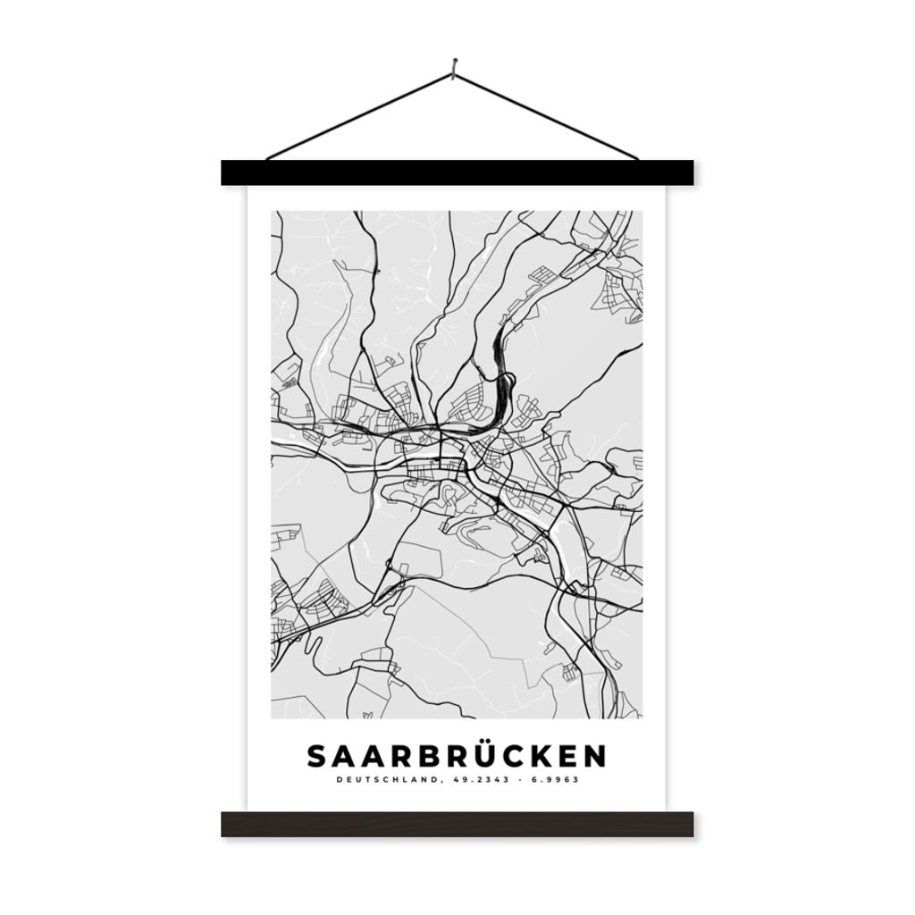 MuchoWow Textilposter Stadtplan - Karte - Deutschland - Saarbrücken 40x60 cm mit schwarzem Rahmen - Wanddekorationen