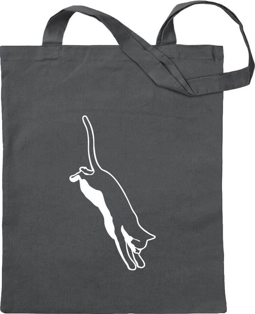 Kiwistar - Baumwolltasche - stahlgrau - Katze springend Cat - Tragetasche Stoffbeutel Umhängetasche langer Henkel