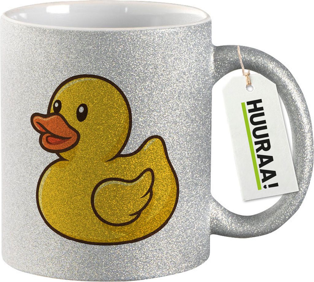 Huuraa Glitzertasse Quietscheente Gummiente Badeente 330ml Silber Keramik Kaffeebecher Geschenkidee