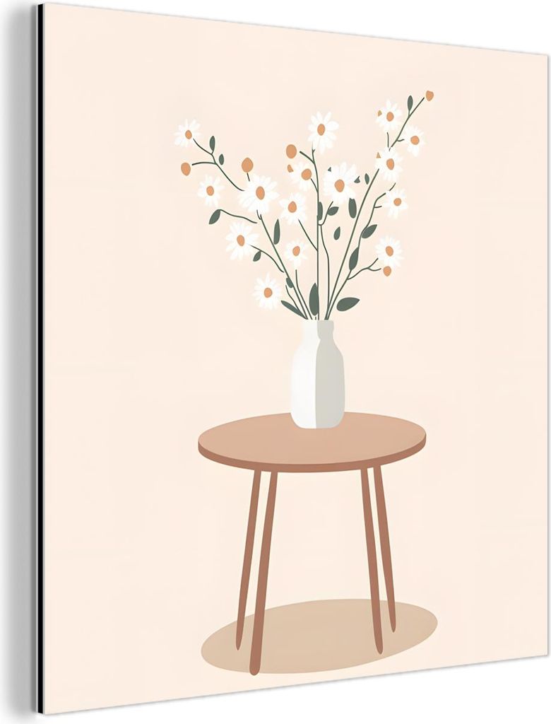 MuchoWow Wanddekoration Metall Metallbild Wandkunst 20x20 cm Vase - Blumen - Gänseblümchen - Beige MuchoWow Aluminium Gemälde - Alu Dibond Bilder