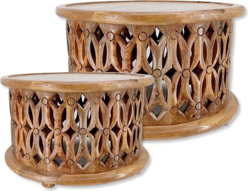 Holz Couchtisch rund natürlich braun Couch Beistelltisch vintage Sofatisch 2er Set - Ø50cm und Ø60cm