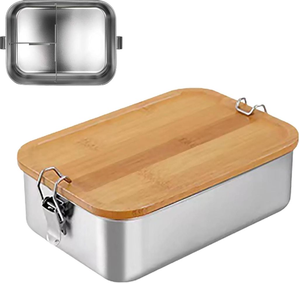 Edelstahl Bento Lunchbox mit Holzdeckel - 2 oder 3 Fächer - BPA-frei - Für Erwachsene und Kinder - Frühstücksbox für Schule/Ausflüge