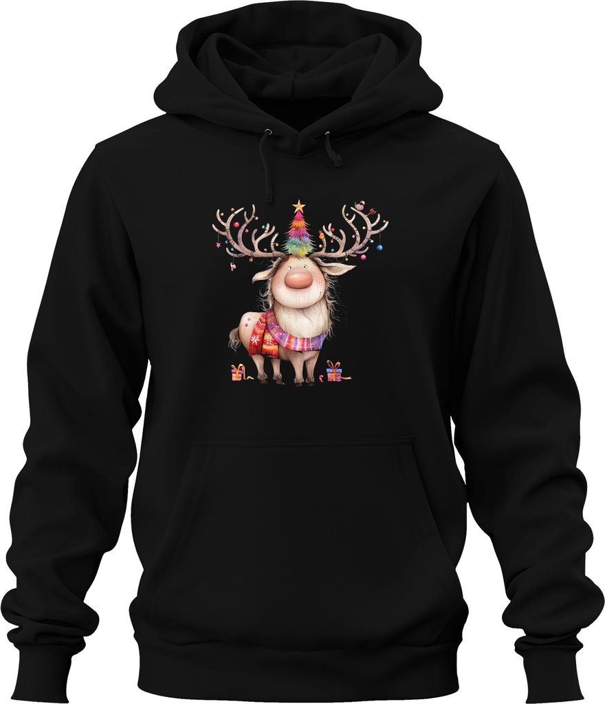Weihnachtsrentier niedlich buntes Geweih Weihnachtsbaum Geschenk Uni Hoodie Kapuzenpullover, Schwarz, M