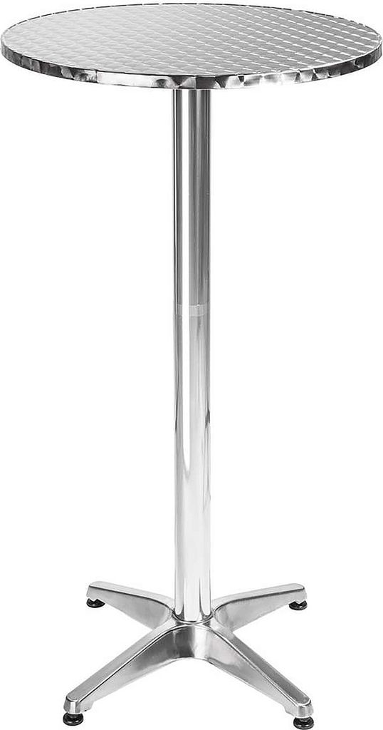 A tall, round, aluminum bar table with a textured top and a four-legged base.