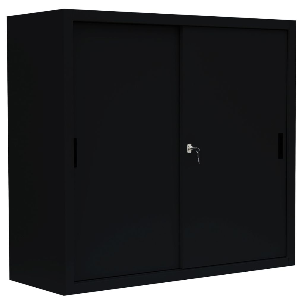 A black metal cabinet with sliding doors and a key lock.