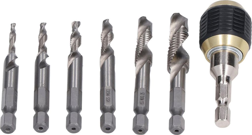 7-teiliges Spiral-Kombinationsgewindebohrer-Set, HSS 1/4" Sechskantschaft, Gewindebohrer, Silbergewindebohrer