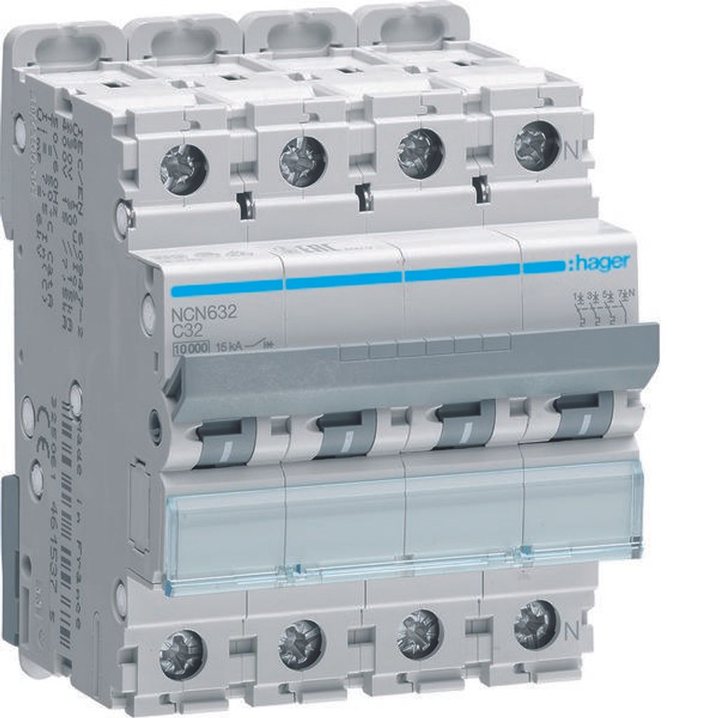 HAGER Leitungsschutzschalter 3P+N 10kA/15kA C-32A 4M