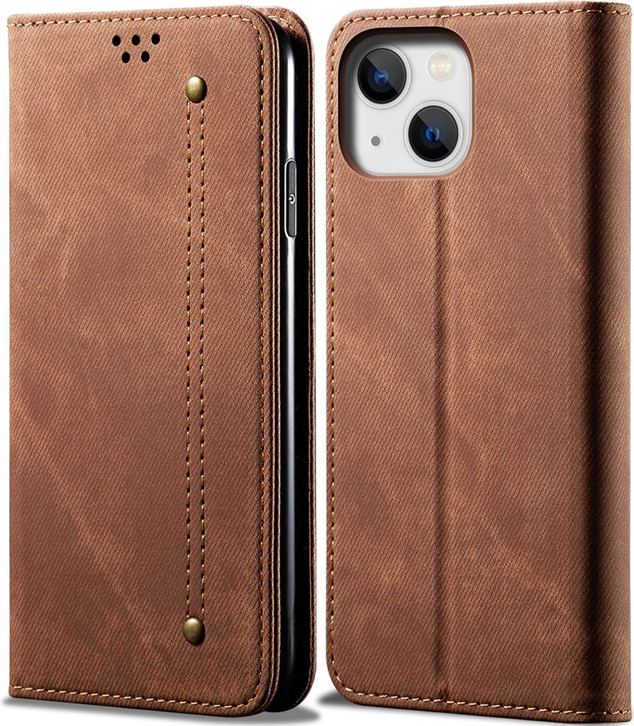 iPhone 15 Plus Hülle, Denim Leder Brieftasche Magnetverschluss Flip Bookstyle Schutzhülle mit Standfunktion für iPhone 15 Plus Braun