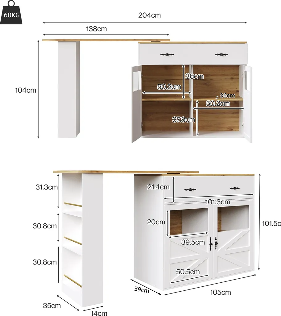Table de Bar Pivotante 360° Extensible en MDF Blanc avec Rangement - 7