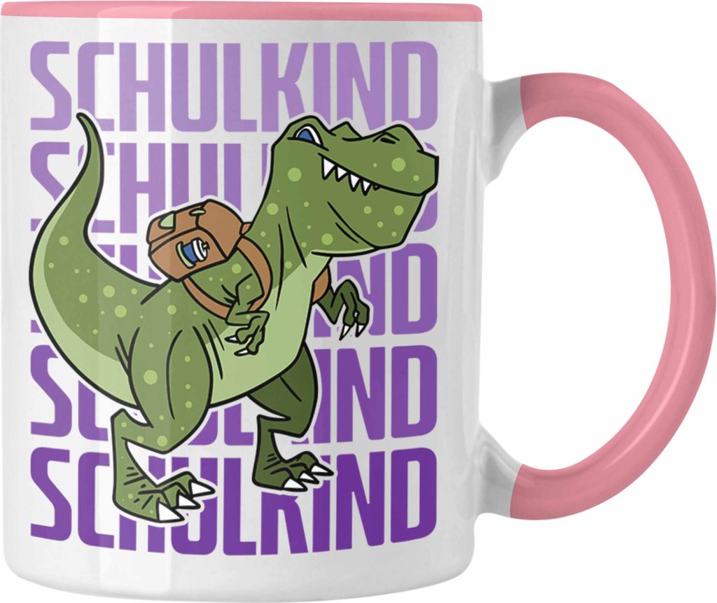 Trendation - Einschulung Tasse Geschenk Jungs Erster Schultag: Lustige T-Rex Dino Tasse für Schulkind (Rosa)