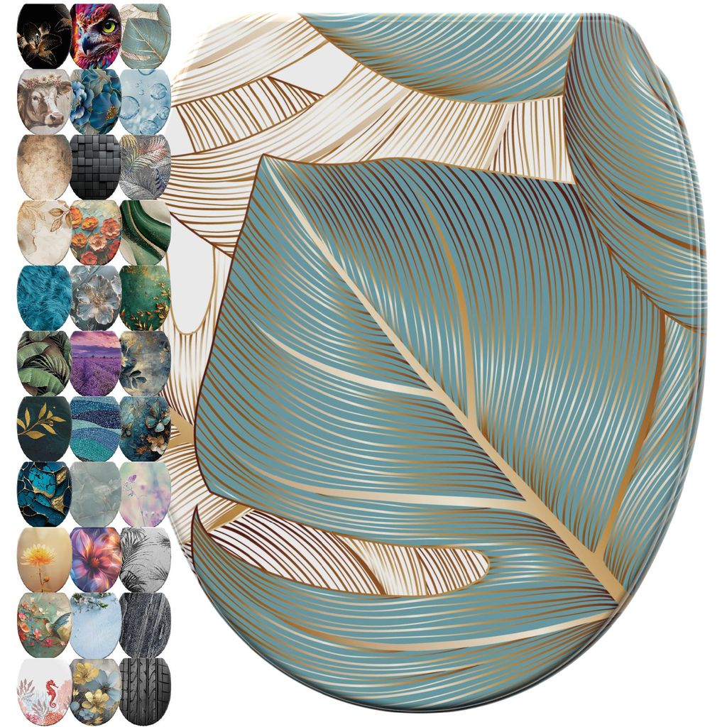 A collage of toilet seat designs, with a large central image of a toilet seat featuring a teal and gold leaf pattern.