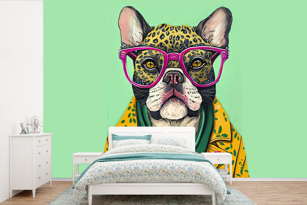 MuchoWow Fototapete für Wohnzimmer oder Schlafzimmer Wandtapete Vinyl Motivtapete Hund - Hippie - Tiere - Brille - 360x240 cm - Vinyl-Tapete