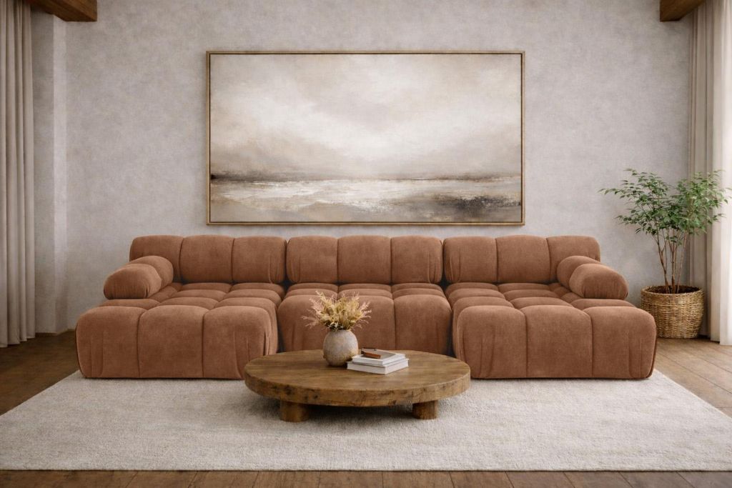 Kaiser Möbel Ecksofa U-Form, Stoff Velours Salvador, Dunkelbeige, Selia U
