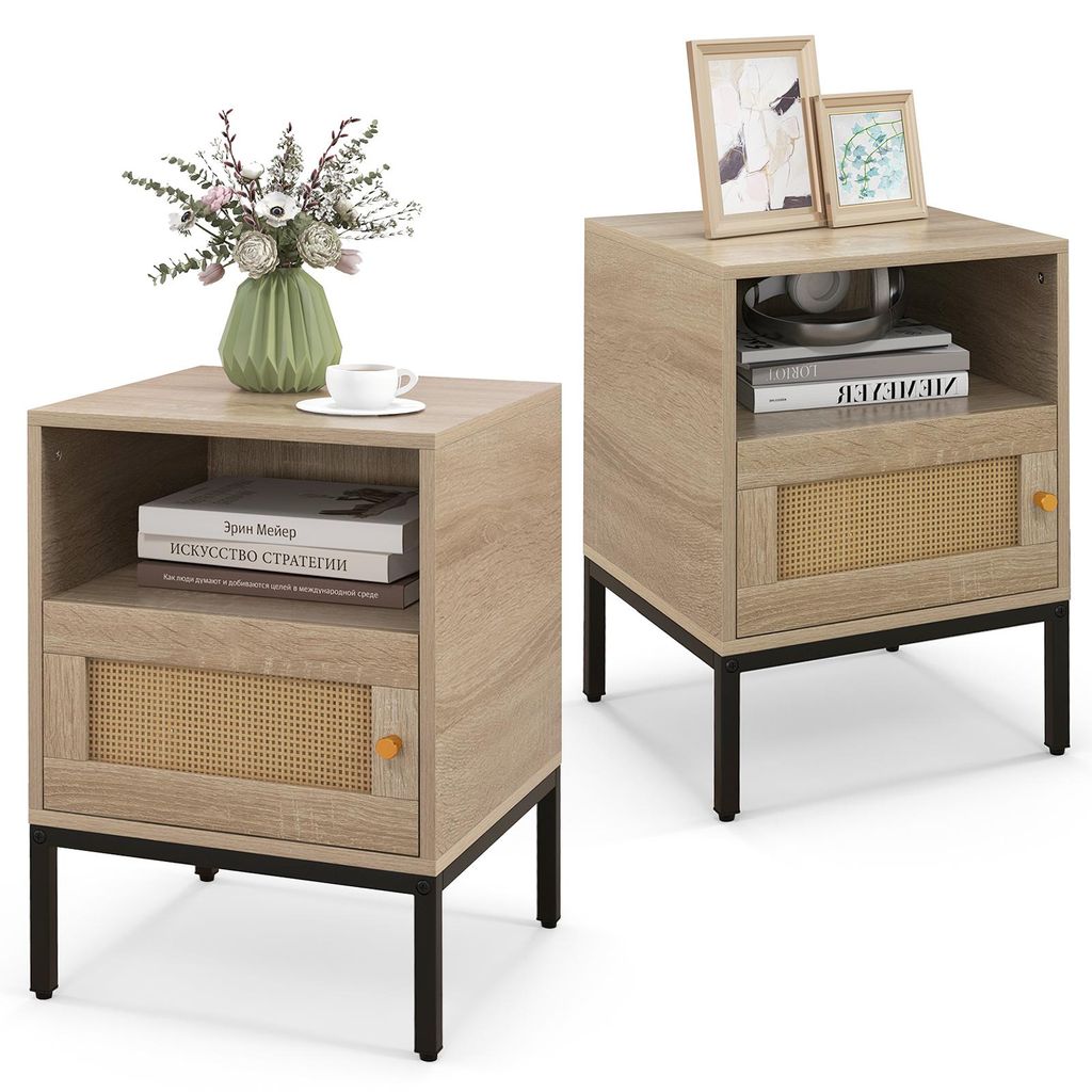 COSTWAY 2er Set Nachttische Polyrattan, Nachtschränke mit offenem Regal & Schrank, Beistelltisch Sofatisch Nachtkonsole im Boho-Sti, 40x40x57cm Natur