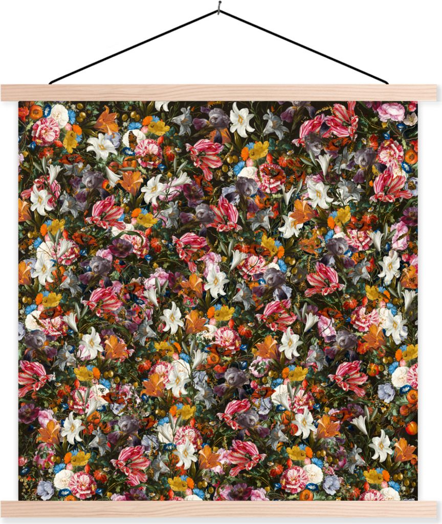 MuchoWow Textilposter Blumen - Schmetterling - Design - Kunst - Abstrakt - Malerei - Alte Meister 60x60 cm mit holzfarbenen Rahmen - Wanddekoration
