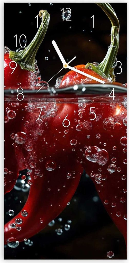Wanduhr aus Glas mit Motiv Paprika im Wasser- 30 x 60 cm - inkl. Aufhängesystem
