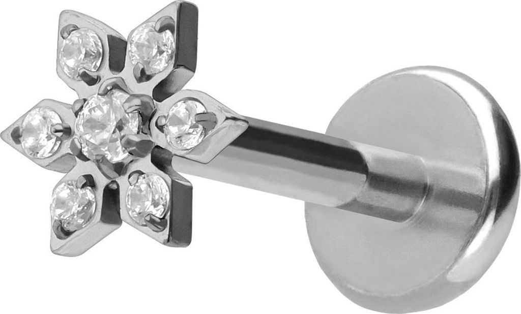 Ohrpiercing, Nasenpiercing Titan Labret mit Push Fit KRISTALLBLUME Silber Stablänge: 10mm | Stabstärke: 1mm