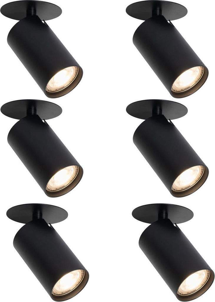 QAZQA - Modern Set mit 6 modernen Einbaustrahlern schwarz GU10 50mm - Chels I Wohnzimmer I Schlafzimmer - Aluminium Rund - LED geeignet GU10