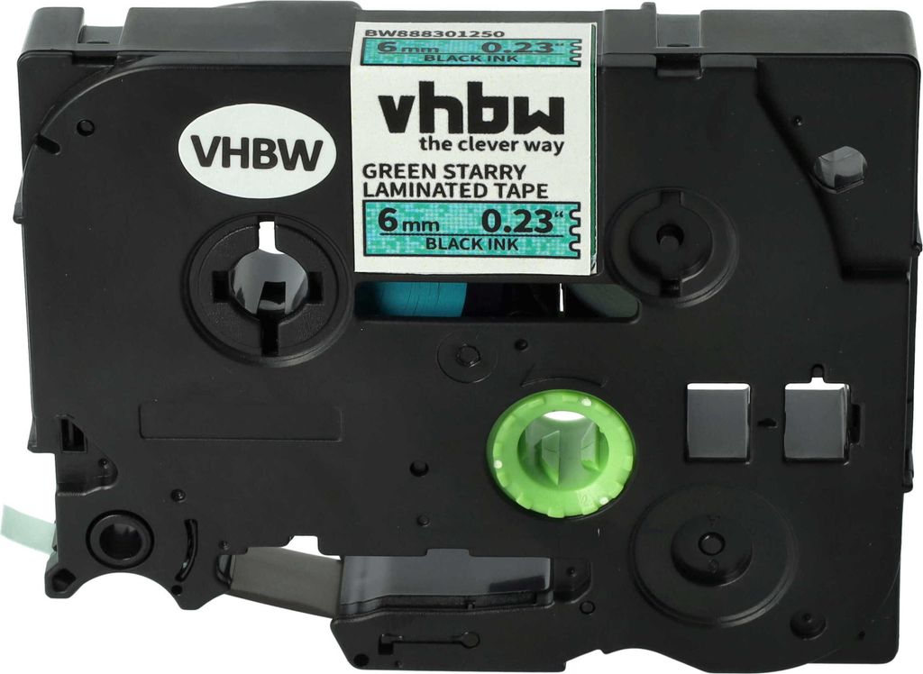 vhbw Schriftband-Kassette kompatibel mit Brother PT D600VP, H100LB, E100, E100VP Etiketten-Drucker 8m x 6mm Schwarz auf Grün (Glitter), Laminiert