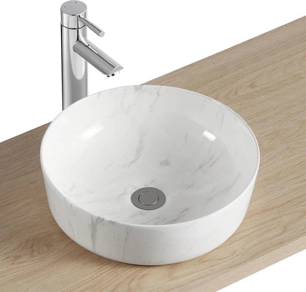 Lavabo Rotondo DIANE 37cm Ceramica - Effetto Marmo Bianco Essenziale