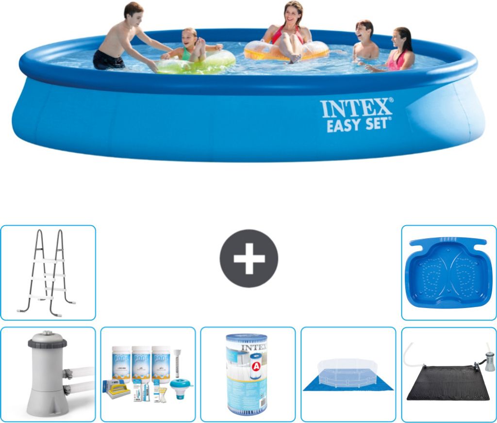 Intex runder aufblasbarer Easy Set-Schwimmpool – 457 x 84 cm – Blau – inklusive Pumpe Wartungspaket - Filter - Bodenplane - Solarmatte - Leit...