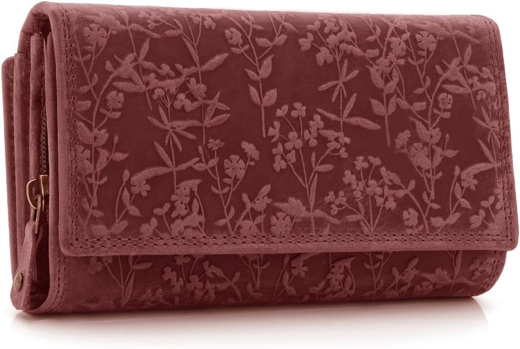 Damen-Geldbörse groß Langformat aus Rindsleder mit RFID-Schutz, Blüten-Muster, Münzfach & Druckknopf, stilvolles Portemonnaie für Frauen Alltag