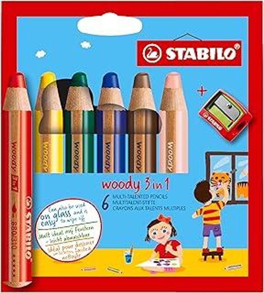 STABILO - Buntstift, Wasserfarbe & Wachsmalkreide - woody 3 in 1-6er Pack mit Spitzer