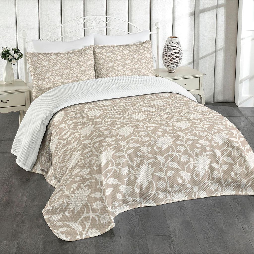 ABAKUHAUS Blumen Tagesdecke Set, Blumenarrangement mit einfarbigen Design-natürlichen Elementen Abstract Pattern Leaves, 264 x 220 cm, Creme Tan