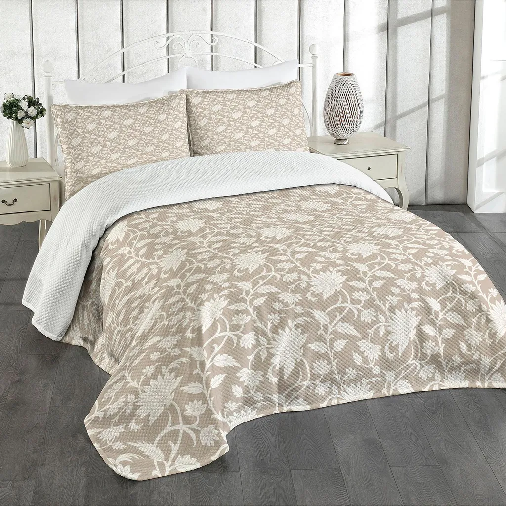 ABAKUHAUS Set copriletto con motivi floreali, composizione floreale con elementi naturali in tinta unita, motivo astratto con foglie, 264 x 220 cm, color crema chiaro