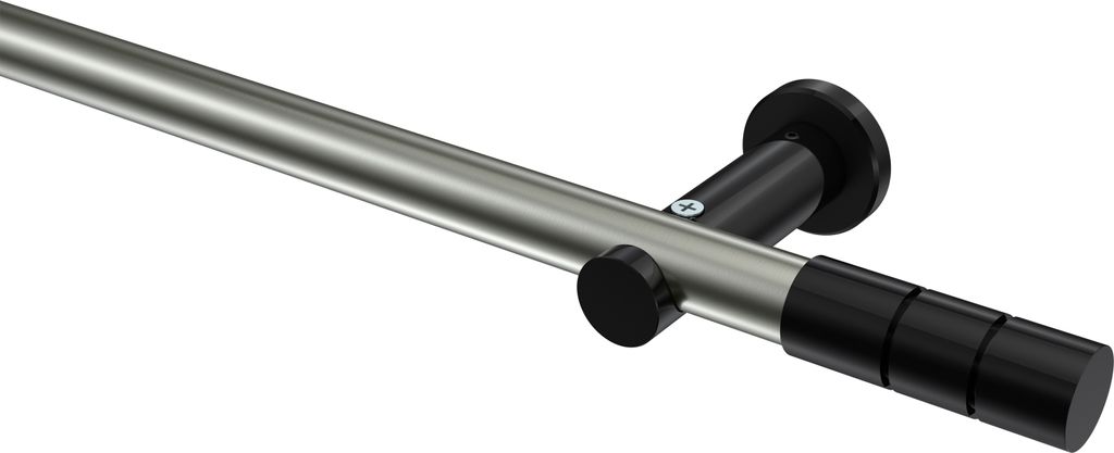 Interdeco Gardinenstange / Vorhangstange Edelstahl-Optik / Schwarz, Typ Platon Elanto (Rillenzylinder) ohne Ringe, 20 mm Ø 1-läufig, 140 cm