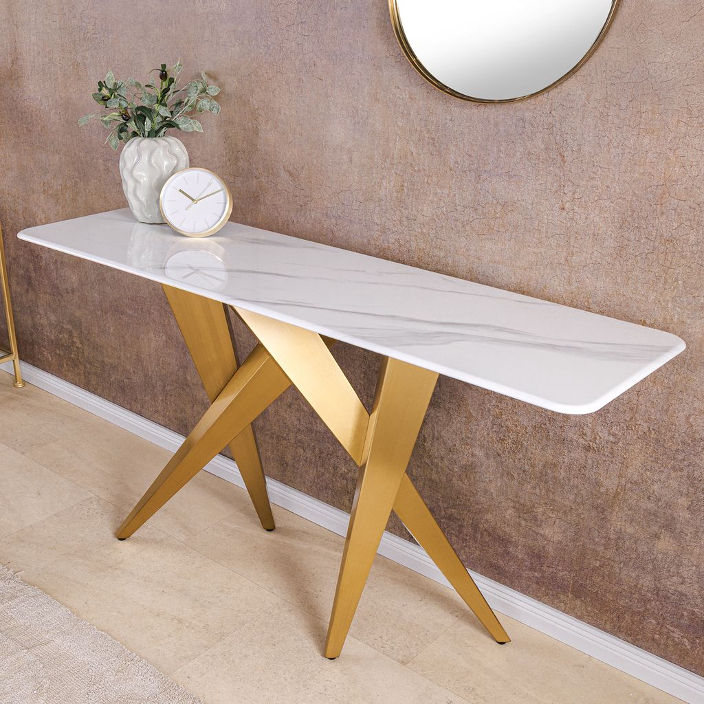 riess-ambiente Design Konsolentisch ART LIVING 140cm weiß Marmor Keramik champagner gold brushed