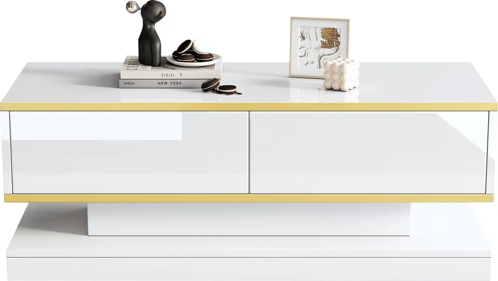Tavolino da Divano Sweiko 100cm Lucido - Bianco e Oro con Cassetti