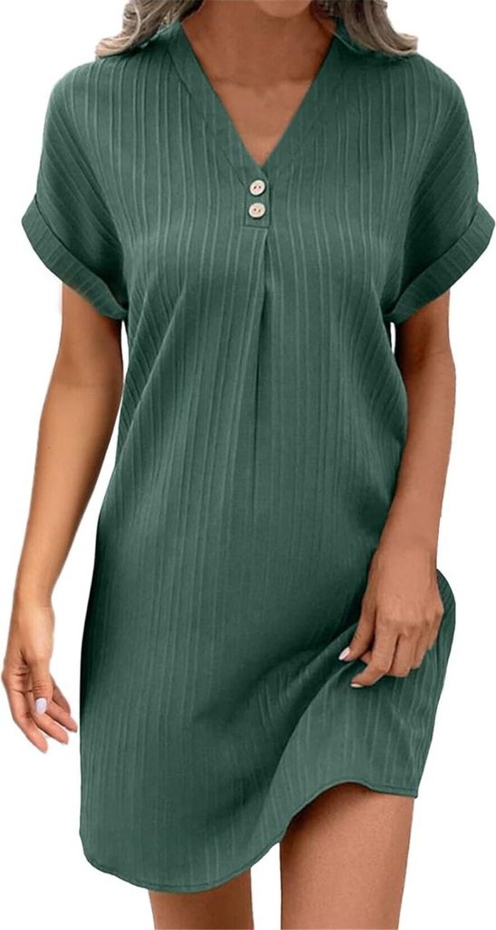 ASKSA Damen Musselin Kleid Sommer V-Ausschnitt Luftige Midikleid Einfarbige mit Knoepfen Kurzarm Sommerkleid, Gruen, Groesse: L
