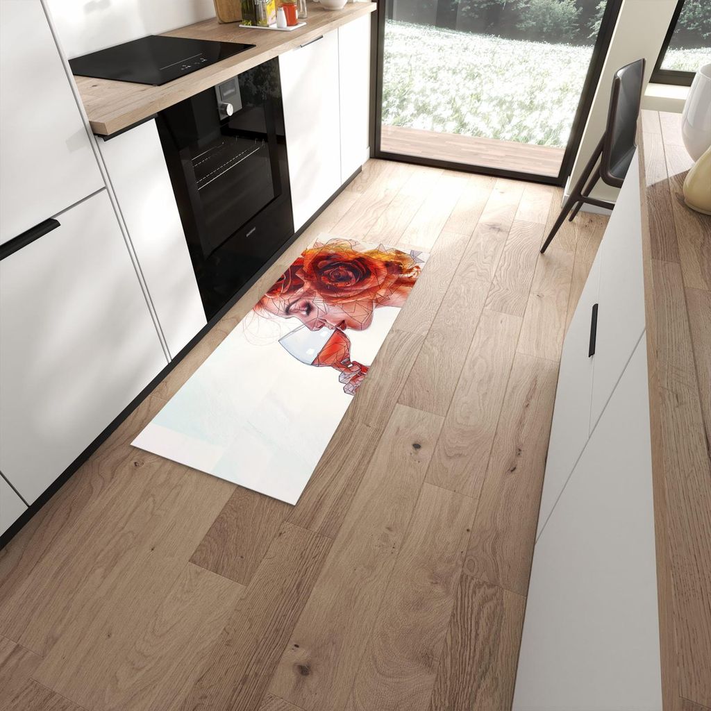Küchenteppich 60x150cm rutschfest & abwischbar PVC Läufer - Weintrinkende Frau